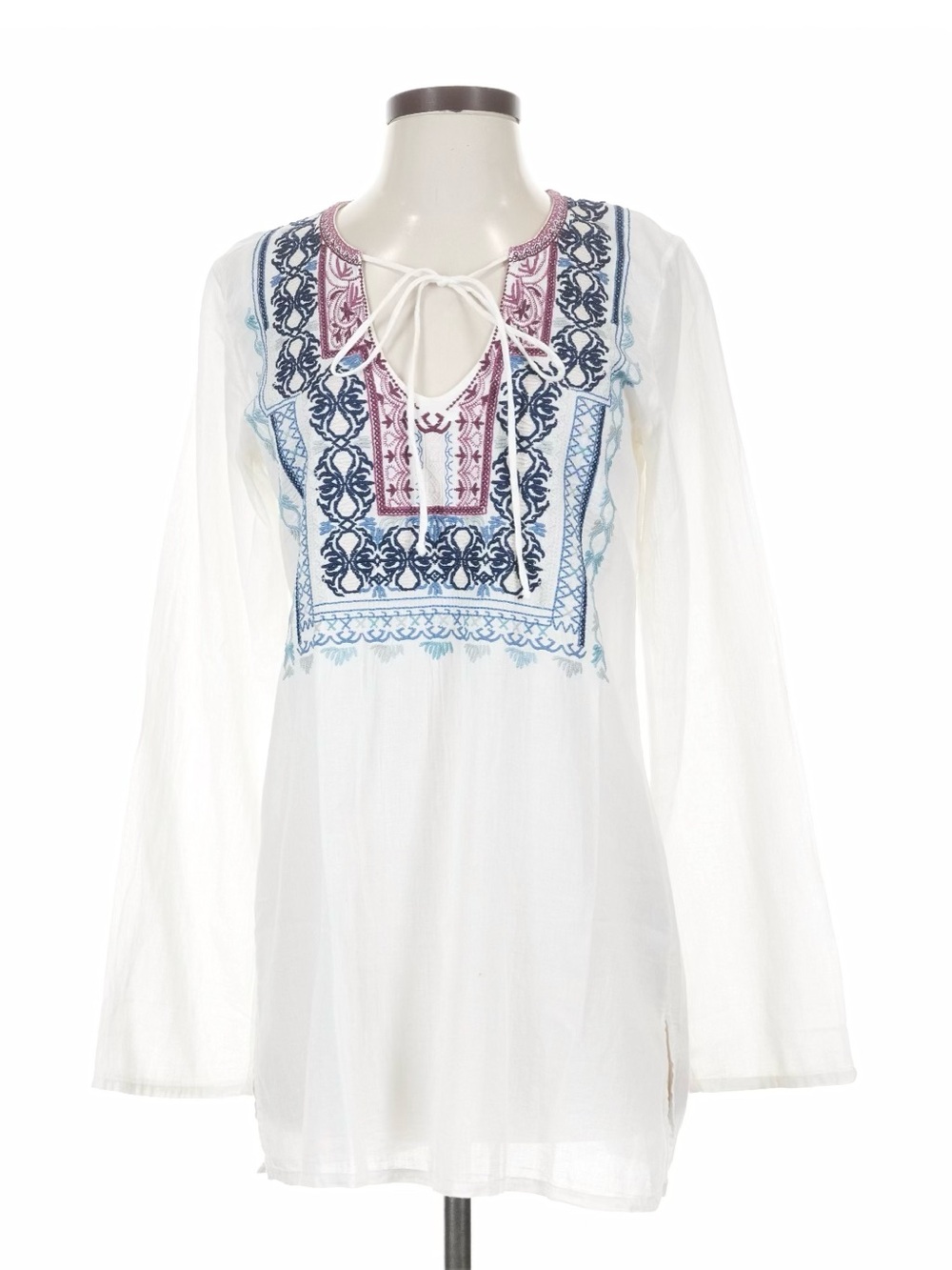 Johnny Was Boho White Embroidered Tunic with Blue & Mauve Accents